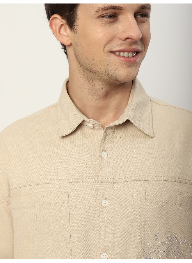 Beyoung - Cream Dual Pocket Embroidered Shirt - Image 1