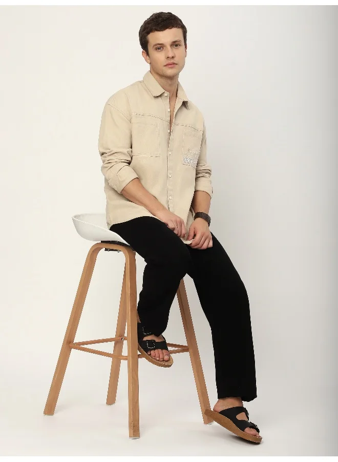 Beyoung Cream Dual Pocket Embroidered Shirt