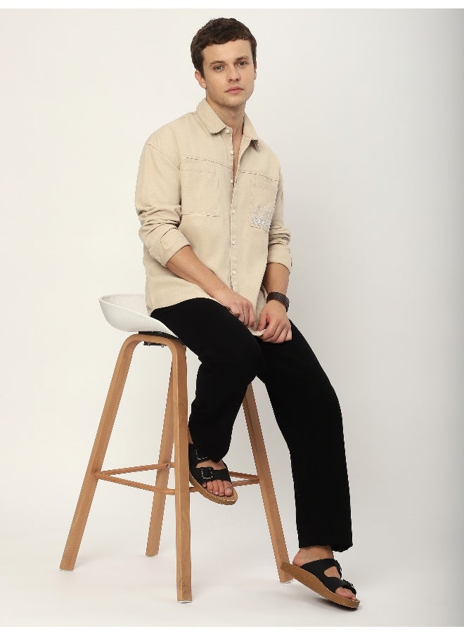 Beyoung - Cream Dual Pocket Embroidered Shirt - Image 1
