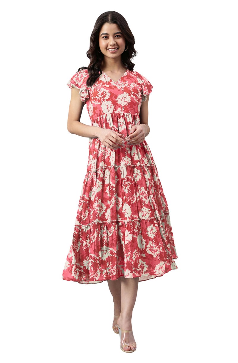 Janasya Women's Red Georgette Abstract Printed Tiered Dress (JAC24DR01786-XL) - Image 1