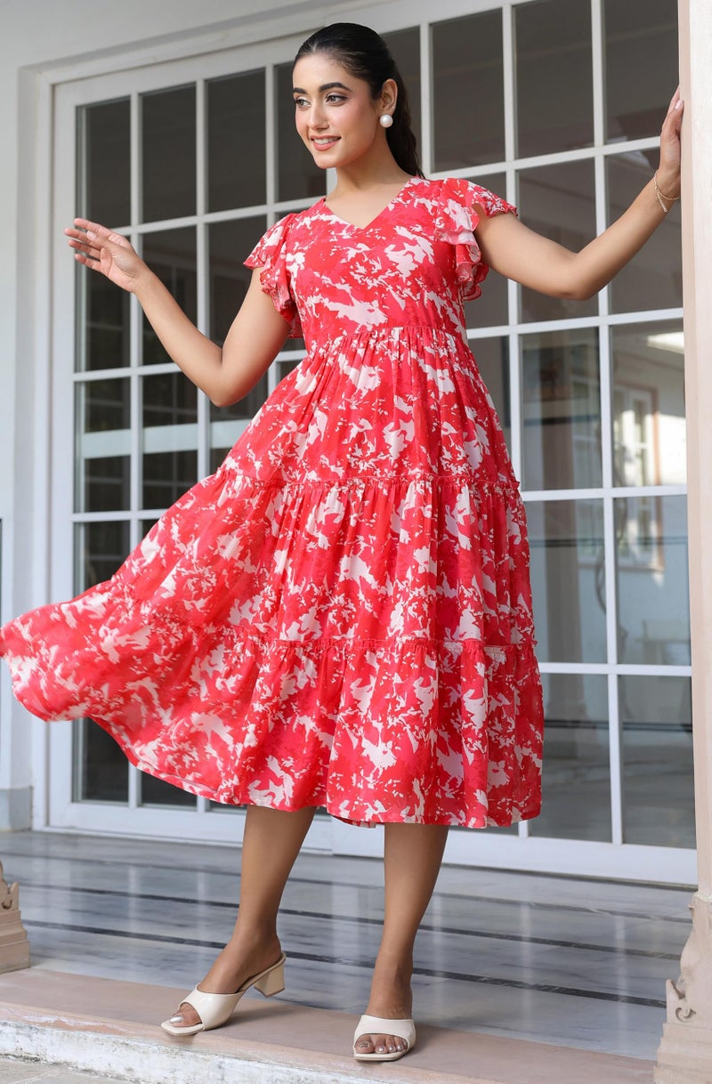 Janasya Women's Red Georgette Abstract Printed Tiered Dress (JAC24DR01786-XL) - Image 5