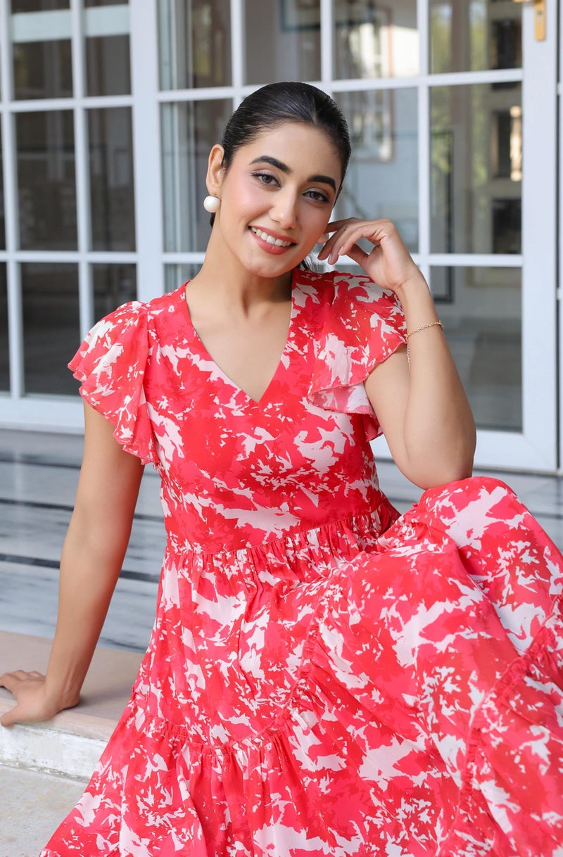 Janasya Women's Red Georgette Abstract Printed Tiered Dress (JAC24DR01786-XL) - Image 2