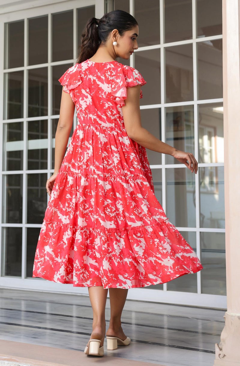 Janasya Women's Red Georgette Abstract Printed Tiered Dress (JAC24DR01786-XL) - Image 4