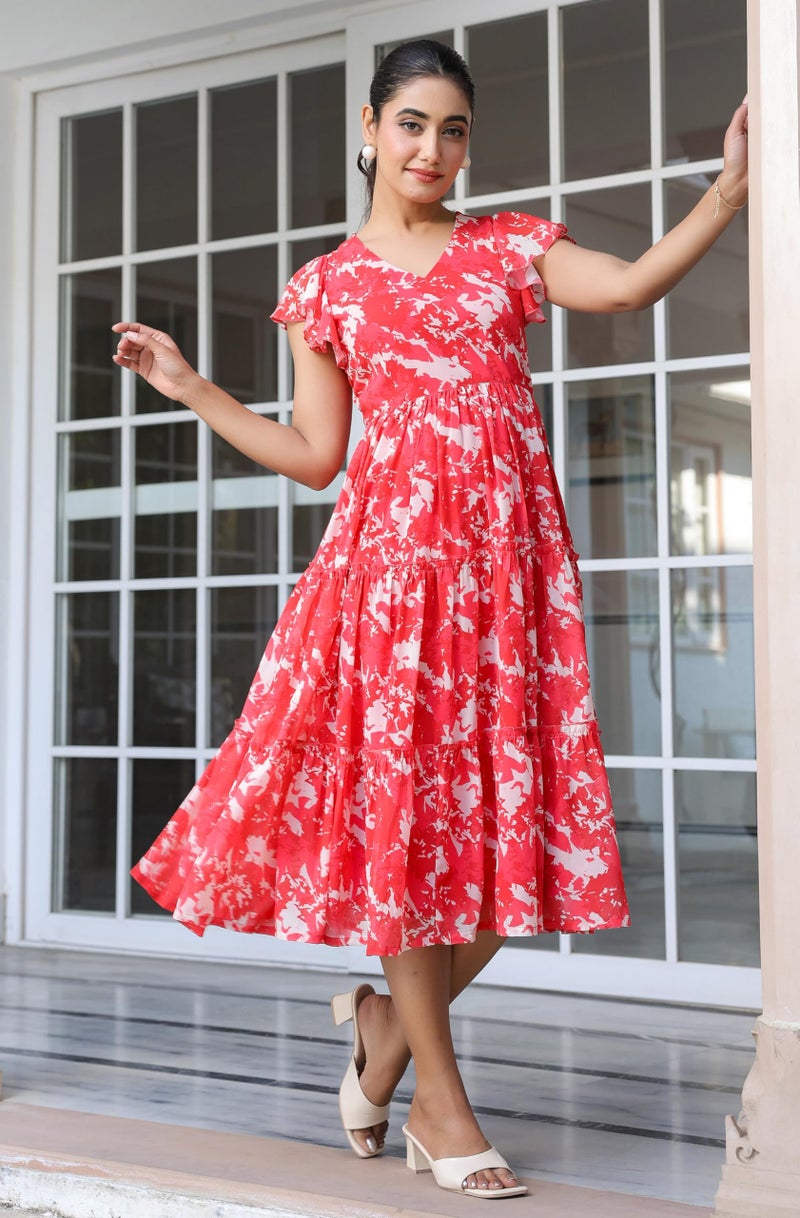 Janasya Women's Red Georgette Abstract Printed Tiered Dress (JAC24DR01786-XL) - Image 3