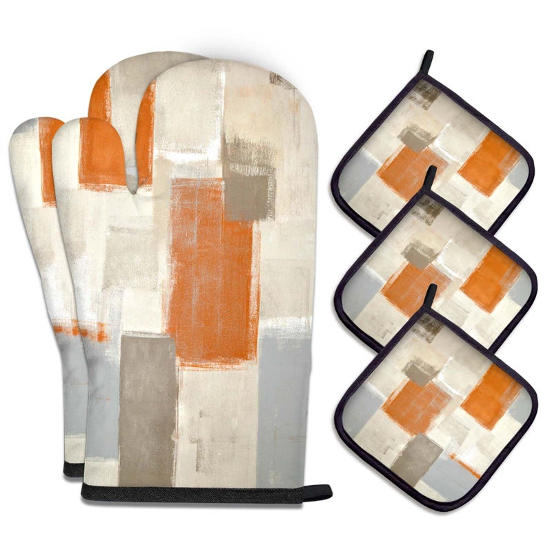 MCALK 5 Pcs Orange Oven Mitts and Pot Holders Sets Beige Oven Gloves and Hot Pads for Kitchen Cooking Abstract Modern Art Oven Mitt Potholder is Both Functional and Decorative