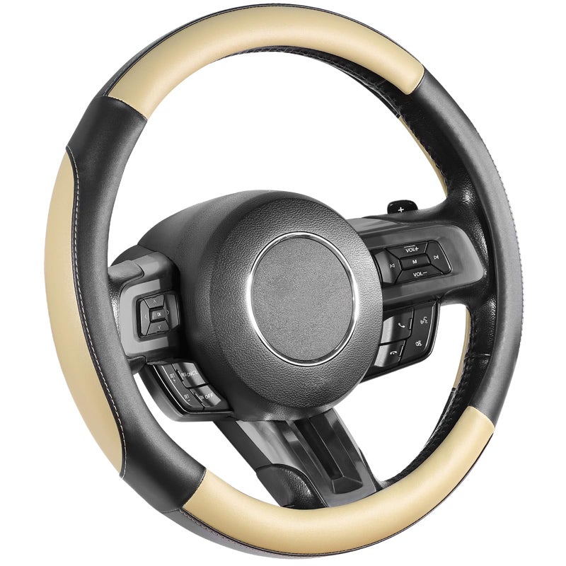 SEG Direct Car Steering Wheel Cover for Medium Standard Size Steering Wheels with 14 1215 inches Outer Diameter Black and Beige Microfiber Leather
