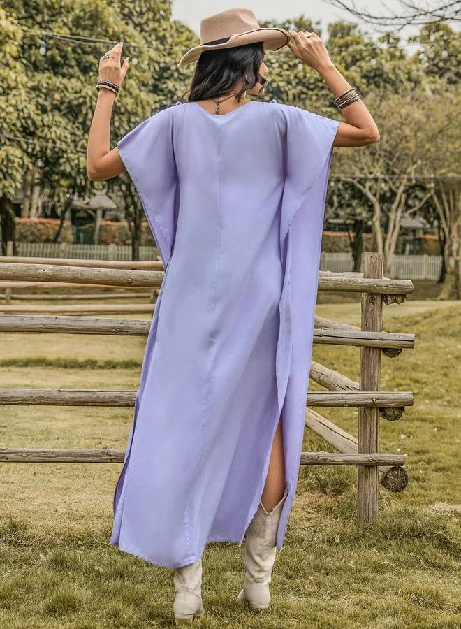 تايك تو Take Two Solid V Neck Batwing Sleevec Maxi Dress