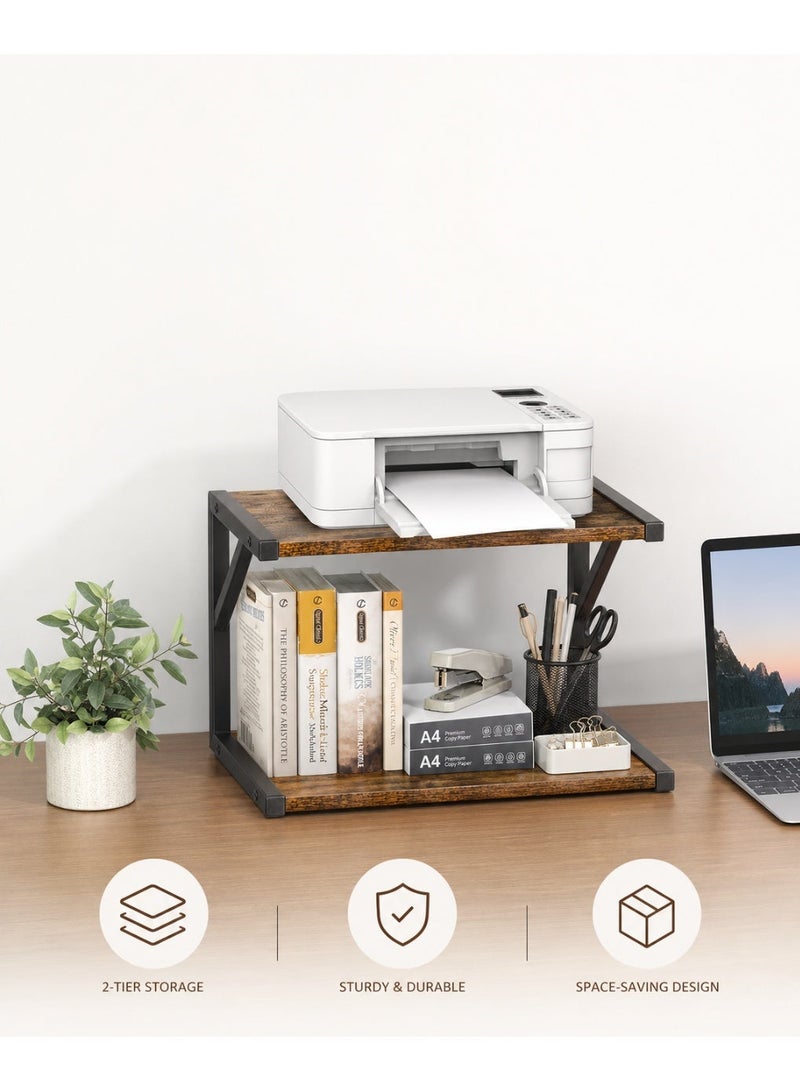 MATVHRUI 2-Tier Printer Stand for Desk, 44 x 28 x 28.5 cm Rustic Brown Desktop Organizer Shelf with Metal Frame, Space-Saving Office Storage Rack for Printer, Scanner, Monitor, Books and Office Supplie - Image 5