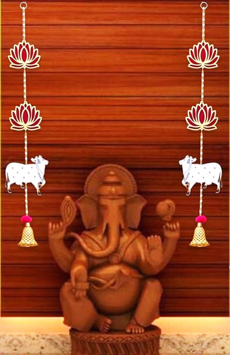 CREYENTES Lotus with Pichwai Cow for Decoration (Pack of 2 Line) Backdrop Decoration,Handmade Toran for Door, Pooja Room,Diwali, Wedding, Temple, MDF Material (Lotus Cow_1 Pair) - Image 2