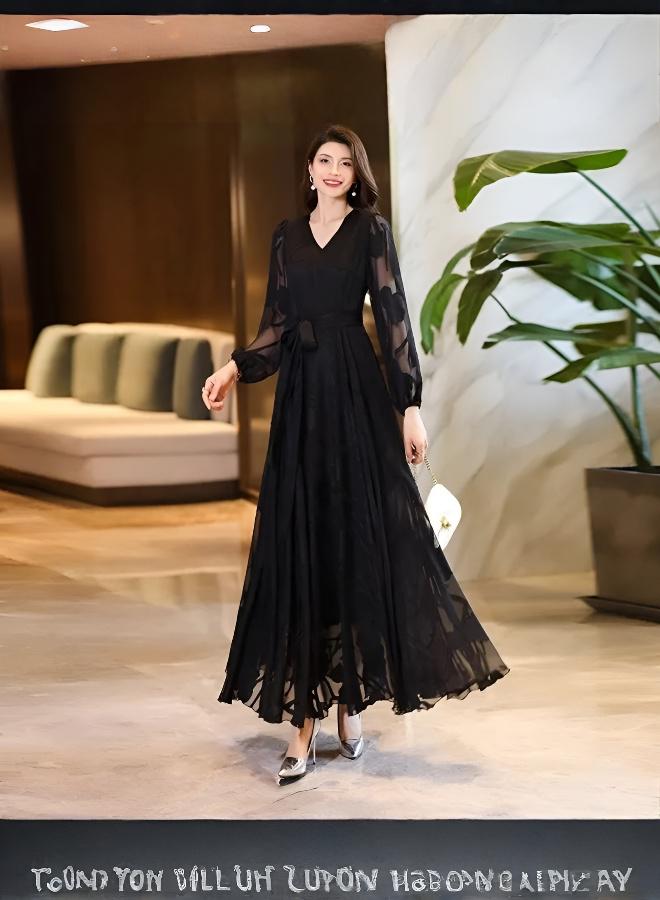 فستان طويل أنيق بقصة ملتحفة بنمط إنجليزي - Image 1