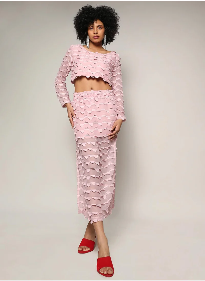 Campus Sutra Campus Sutra Women's Blush Pink Sheer Applique Co-Ord Set With Slit For Casual Wear | Round Neck | Regular Sleeves | Zipper Closure | Co-Ords Crafted With Comfort Fit For Everyday Wear