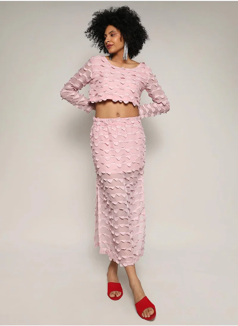 Campus Sutra Campus Sutra Women's Blush Pink Sheer Applique Co-Ord Set With Slit For Casual Wear | Round Neck | Regular Sleeves | Zipper Closure | Co-Ords Crafted With Comfort Fit For Everyday Wear
