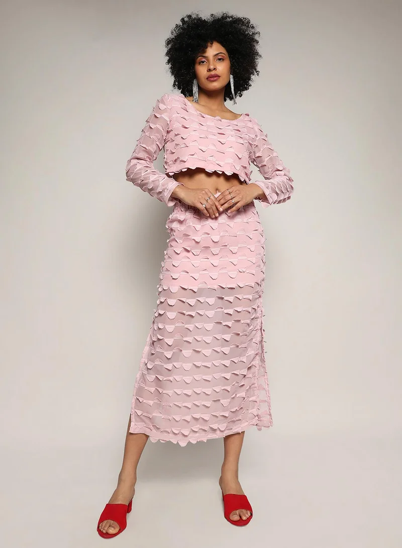 Campus Sutra Campus Sutra Women's Blush Pink Sheer Applique Co-Ord Set With Slit For Casual Wear | Round Neck | Regular Sleeves | Zipper Closure | Co-Ords Crafted With Comfort Fit For Everyday Wear