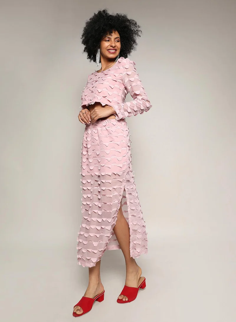 Campus Sutra Campus Sutra Women's Blush Pink Sheer Applique Co-Ord Set With Slit For Casual Wear | Round Neck | Regular Sleeves | Zipper Closure | Co-Ords Crafted With Comfort Fit For Everyday Wear