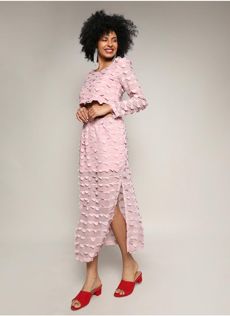 Campus Sutra Campus Sutra Women's Blush Pink Sheer Applique Co-Ord Set With Slit For Casual Wear | Round Neck | Regular Sleeves | Zipper Closure | Co-Ords Crafted With Comfort Fit For Everyday Wear  - Image 3