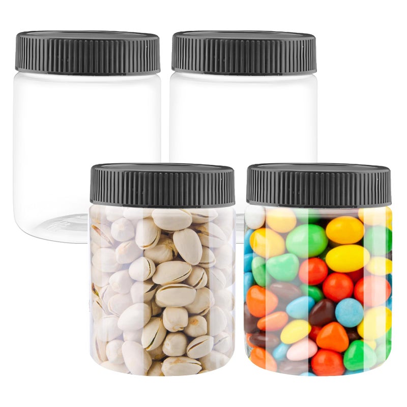 FEOOWV 10 Oz Clear Plastic Jars with Black Lids Refillable Kitchen Storage Containers for Dry Food Coffee Nuts and More (4), Clear+Black - Image 1