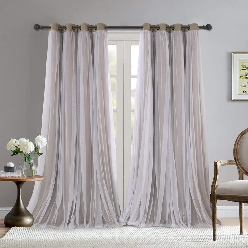 BONZER Dual Layers Grommet Top Mix and Match Blackout Curtains with White Sheer Voile for Living Room Vintage Linen 52x95 Inch Set of 2 Panels
