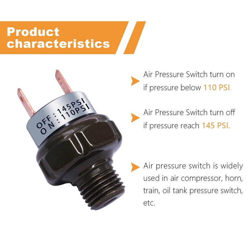 mankk مفتاح ضغط الهواء مانك 110-145 PSI خيط 1/8" NPT 24V 12V DC مفتاح ضغط لضاغط الهواء لصفارة القطار 110-145-1/8" NPT-BK - Image 4
