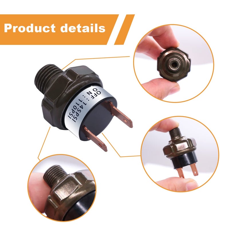 mankk مفتاح ضغط الهواء مانك 110-145 PSI خيط 1/8" NPT 24V 12V DC مفتاح ضغط لضاغط الهواء لصفارة القطار 110-145-1/8" NPT-BK - Image 5