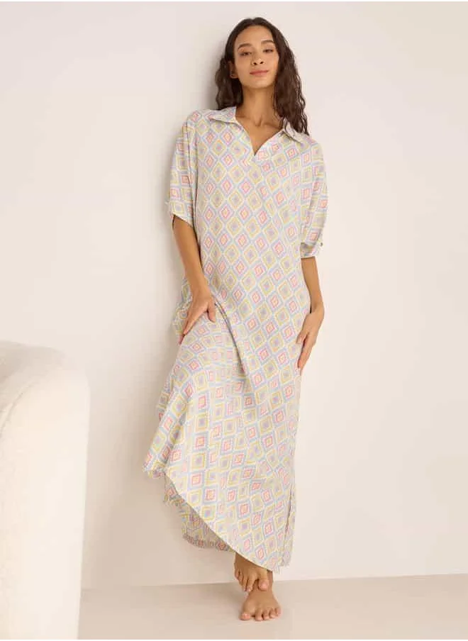 فاف Printed Night Dress with Collar and Short Sleeves
