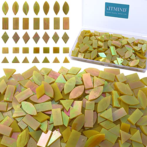 LITMIND Iridescent Glass Mosaic Tiles for Crafts, 240 Pieces 5 Shapes Mixed Yellow Stained Glass Pieces, Mosaic Kits for Adults (Iridescent Yellow) - Image 1
