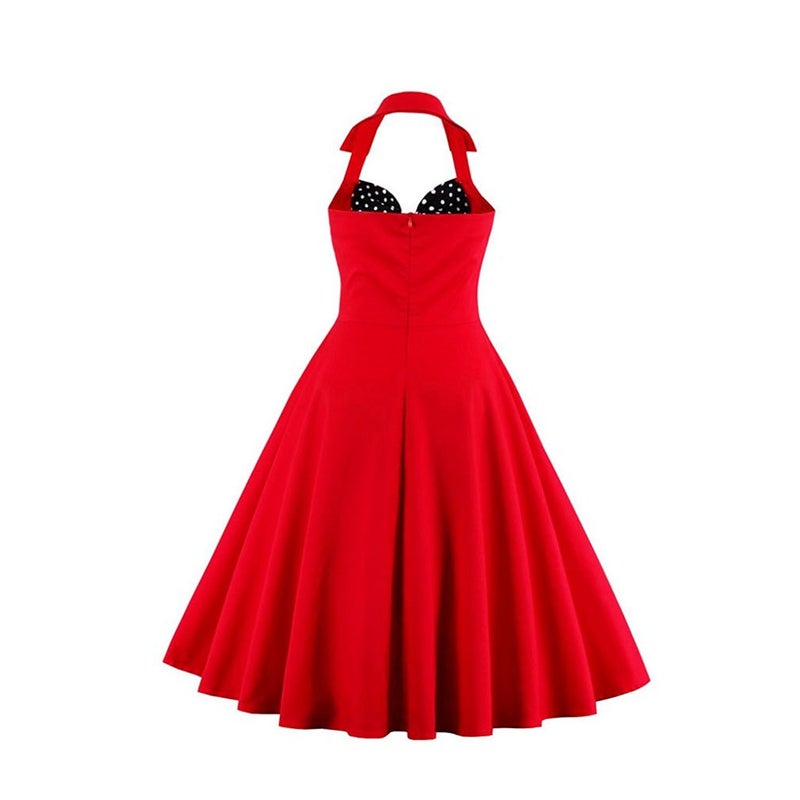 IKADEX Women Vintage 1950s Rockabilly Swing Dress 50s Pinup Retro Hepburn Style A-Line Halterneck Floral Dresses Red Dots M - Image 3