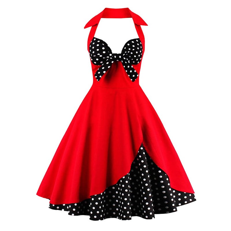 IKADEX Women Vintage 1950s Rockabilly Swing Dress 50s Pinup Retro Hepburn Style A-Line Halterneck Floral Dresses Red Dots M - Image 1