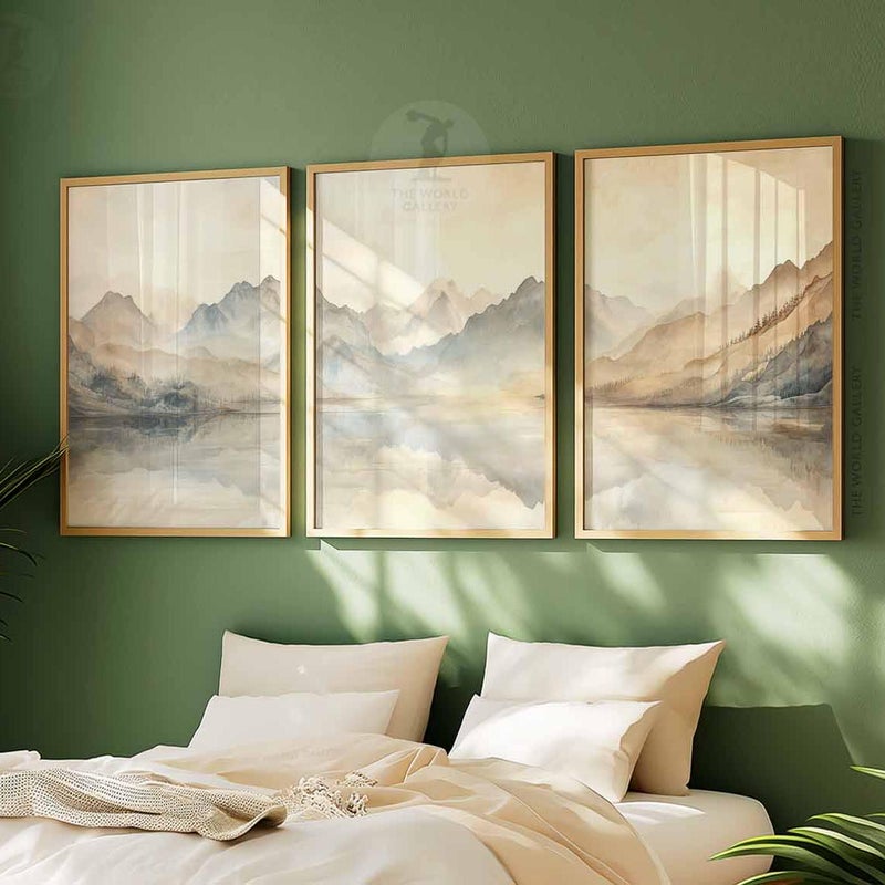 TNESSENTIAL Watercolor Lake Landscape Print Set of 3, Neutral Wall Art - Image 1