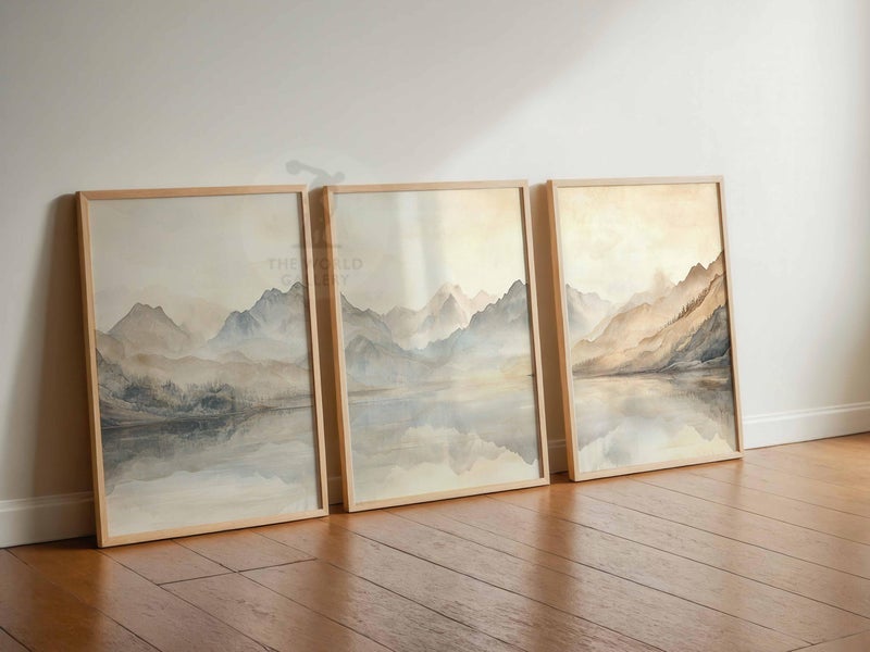 TNESSENTIAL Watercolor Lake Landscape Print Set of 3, Neutral Wall Art - Image 4