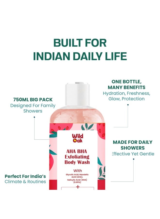WILD OAK WildOak AHA BHA Exfoliating Body Wash with Scrub Beads | Salicylic, Mandelic & Glycolic Acid | Shower Gel for Body Acne, Strawberry Skin, Ingrown Hair & Uneven Texture | Non-Drying Formula | 300ml - Image 2