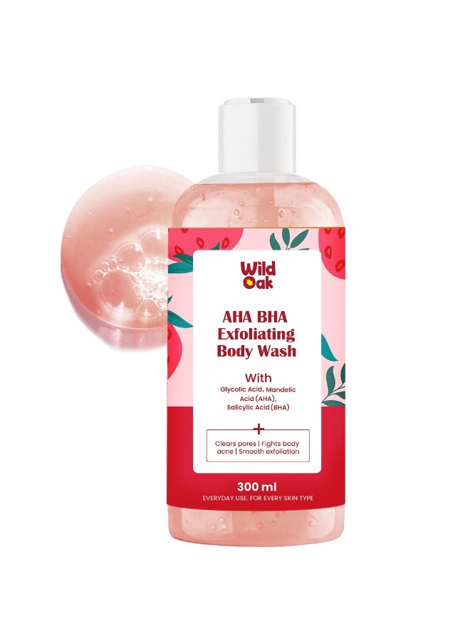 WILD OAK WildOak AHA BHA Exfoliating Body Wash with Scrub Beads | Salicylic, Mandelic & Glycolic Acid | Shower Gel for Body Acne, Strawberry Skin, Ingrown Hair & Uneven Texture | Non-Drying Formula | 300ml - Image 1