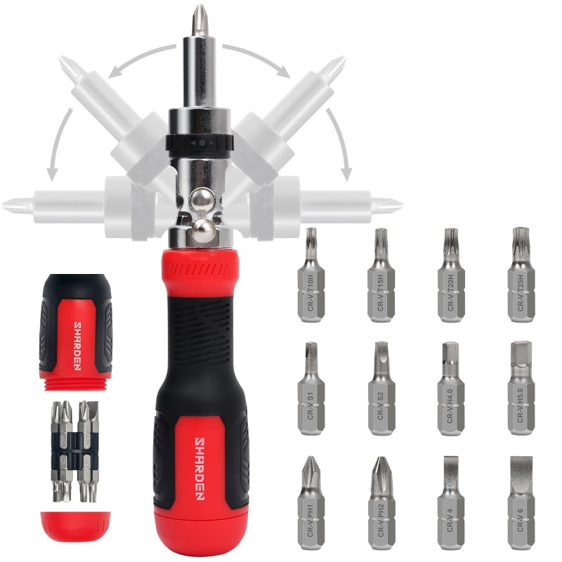 SHARDEN Ratcheting Screwdriver 13in1 Multibit Screwdriver All in One Screwdriver Set with Phillips Flat Head Torx Security Hex Robertson 180 Degree Pivoting Adjustable Angled Screw Driver Set