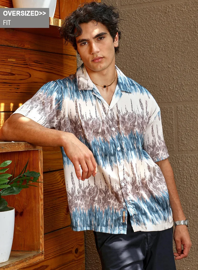 Campus Sutra Campus Sutra Men's Blue & Grey Indie Satin Oversized Shirt For Casual Wear | Cuban Collar | Short Regular Sleeves | Button Closure | Oversized Shirt Crafted With Comfort Fit For Everyday Wear