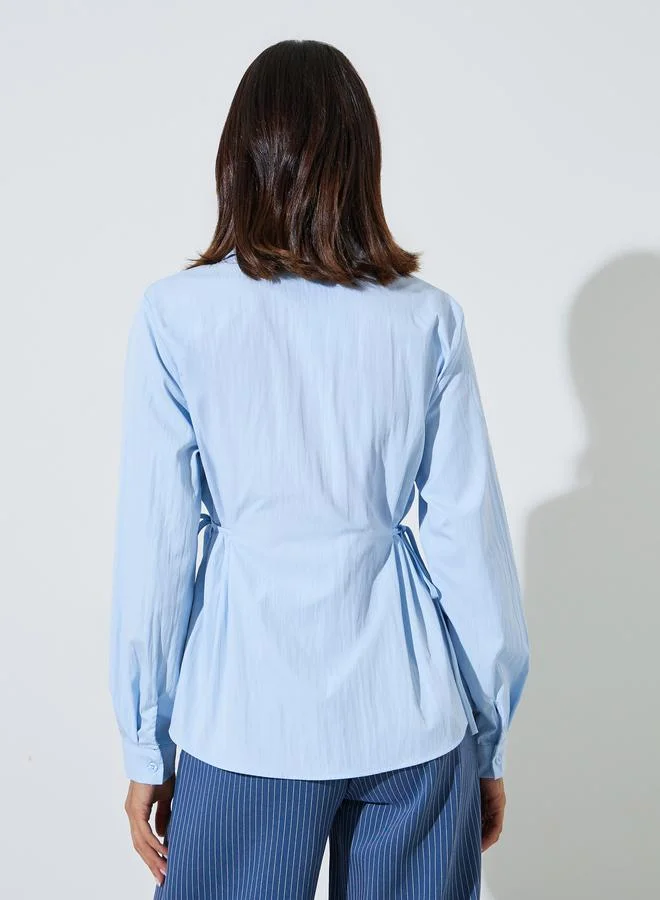 Styli Light Blue Light Blue Long Sleeve Tie-Waist Shirt for Women | Best Price UAE
