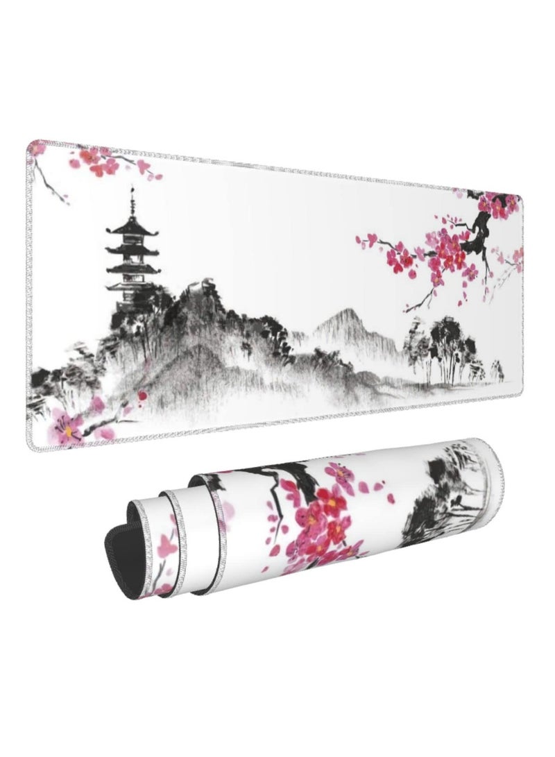 Barakah Gaming Mouse Pad Black and White Plum Bossom Cherry Blossom, Extended Large Mouse Mat Desk Pad, Stitched Edges Mousepad, Long Non-Slip Rubber Base Mice Pad (31.5x11.8x0.12 Inch, A1) - Image 1