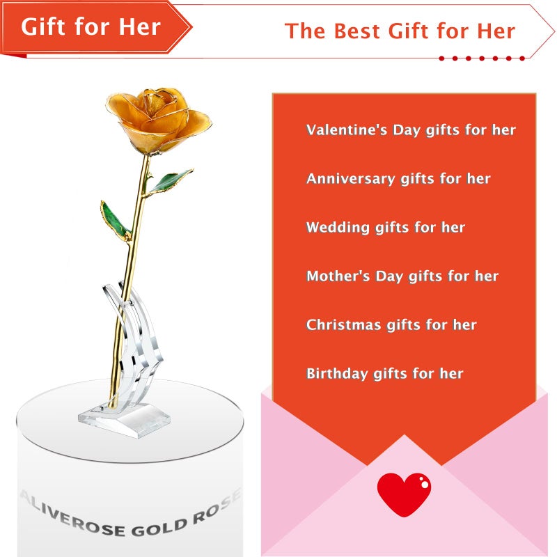 AliveRose Gold Rose  24K Gold Rose Made from Real Rose - Unique Design Dipped Rose for Anniversary Valentines Mothers Day Birthday Gifts (Yellow Rose with Stand) - Image 5