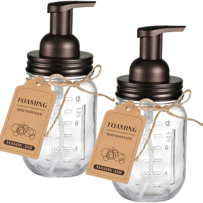 SheeChung Mason Jar Foaming Soap DispenserRustproof Stainless Steel Lid Foaming Soap Pump Refill Foam Hand Soap Dispenser Glass for Bathroom Kitchen Vanities CountertopsBronze 2 pk