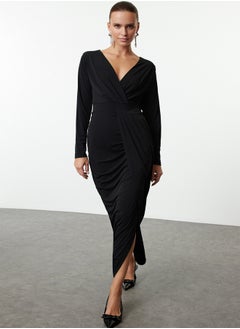 trendyol Black V Neck Knitted Long Elegant Evening & Graduation Dress TPRAW25EL00113  - Image 1