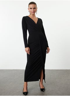 trendyol Black V Neck Knitted Long Elegant Evening & Graduation Dress TPRAW25EL00113  - Image 2