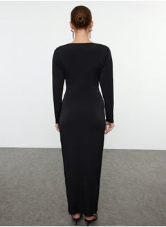 trendyol Black V Neck Knitted Long Elegant Evening & Graduation Dress TPRAW25EL00113  - Image 5