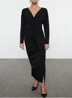 trendyol Black V Neck Knitted Long Elegant Evening & Graduation Dress TPRAW25EL00113  - Image 3