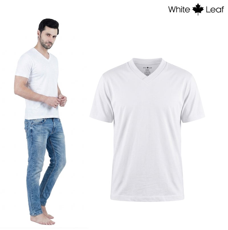 WHITE LEAF Men's V-Neck T-Shirt 1 Piece – 100% Combed Cotton Breathable Comfortable Casual Wear - White - Image 1