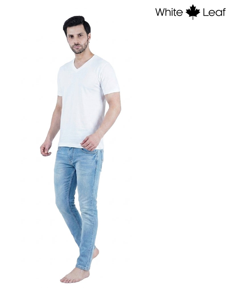 WHITE LEAF Men's V-Neck T-Shirt 1 Piece – 100% Combed Cotton Breathable Comfortable Casual Wear - White - Image 2