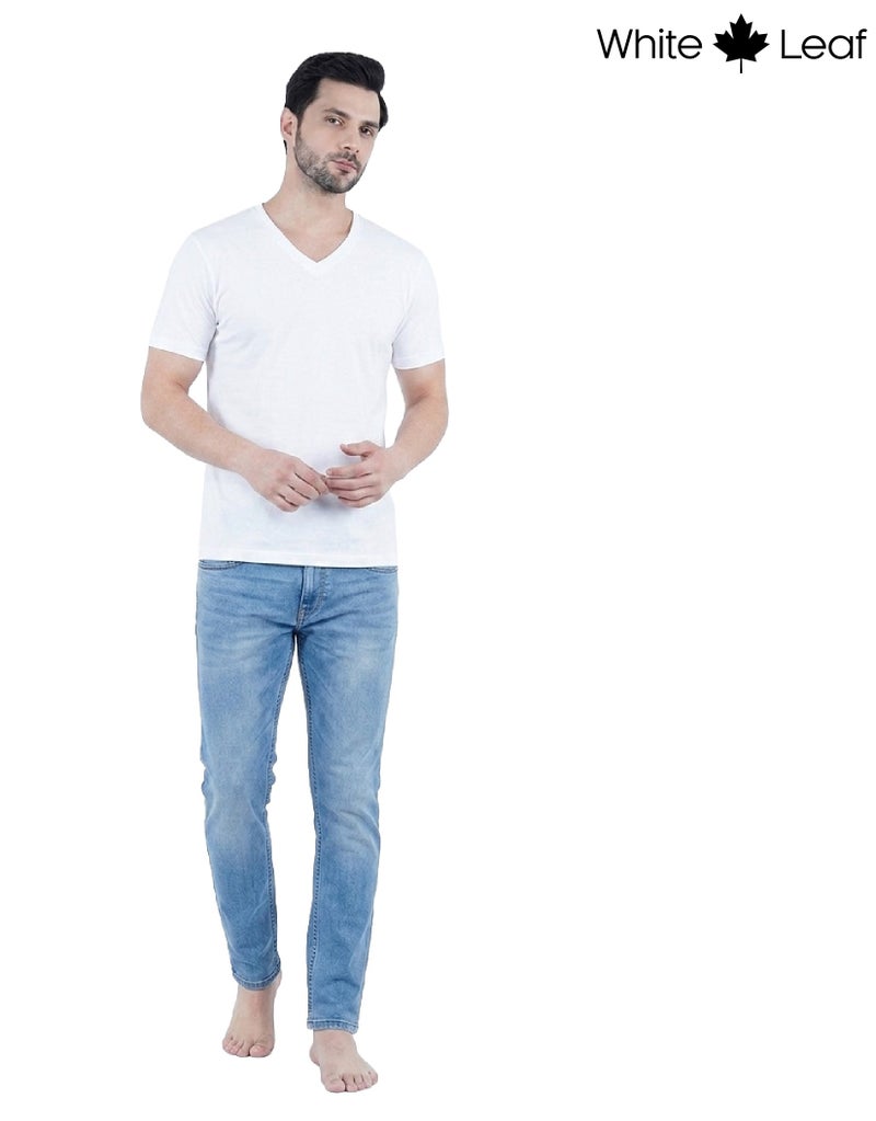 WHITE LEAF Men's V-Neck T-Shirt 1 Piece – 100% Combed Cotton Breathable Comfortable Casual Wear - White - Image 3