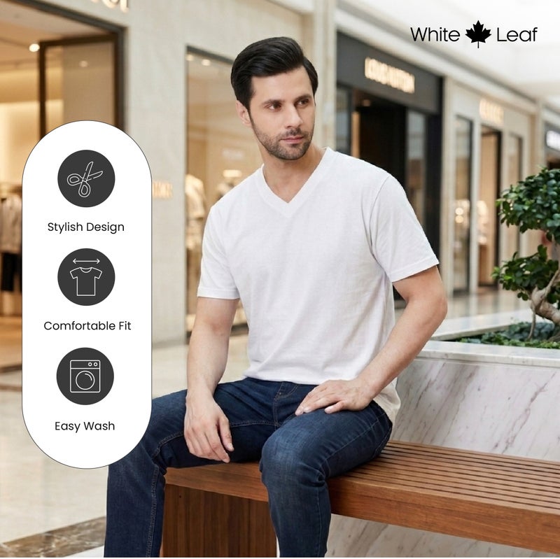 WHITE LEAF Men's V-Neck T-Shirt 1 Piece – 100% Combed Cotton Breathable Comfortable Casual Wear - White - Image 5