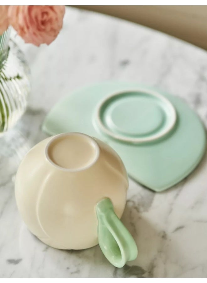 OASIS-TH Ceramic Coffee Mug with Saucer Set, Creative Tulip Cup Unique Irregular Design for Office and Home, Dishwasher and Microwave Safe, Cute Cup for Latte Tea Milk (300ML) - Image 4