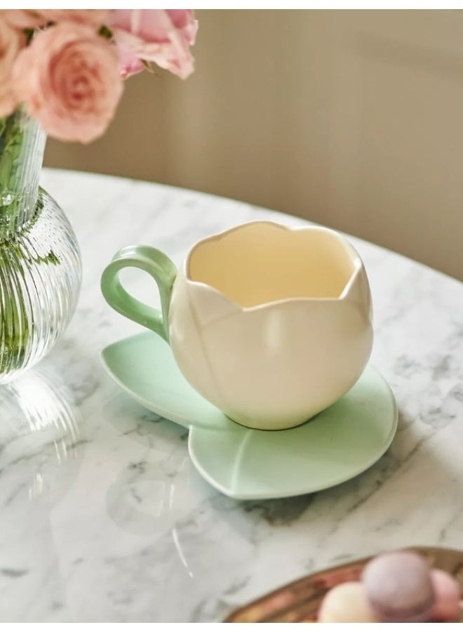 OASIS-TH Ceramic Coffee Mug with Saucer Set, Creative Tulip Cup Unique Irregular Design for Office and Home, Dishwasher and Microwave Safe, Cute Cup for Latte Tea Milk (300ML) - Image 3
