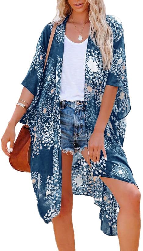 CHICGAL Women's Beach Hawaii Flowy Dress Kimono Cardigans Summer Bikini Coverups(04-Blue Dandelion,M) - Image 2