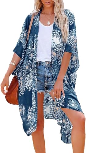 CHICGAL Women's Beach Hawaii Flowy Dress Kimono Cardigans Summer Bikini Coverups(04-Blue Dandelion,M) - Image 1