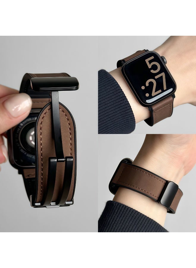 Magnetic Leather Strap Compatible with Apple Watch 49mm 46mm 45mm 44mm 42mm (Series 3/2/1) Unisex, Genuine Leather Magnetic Clasp Strap, Suitable for iWatch Ultra 1/2 Series SE/10/9/8/7/6/5/4/3